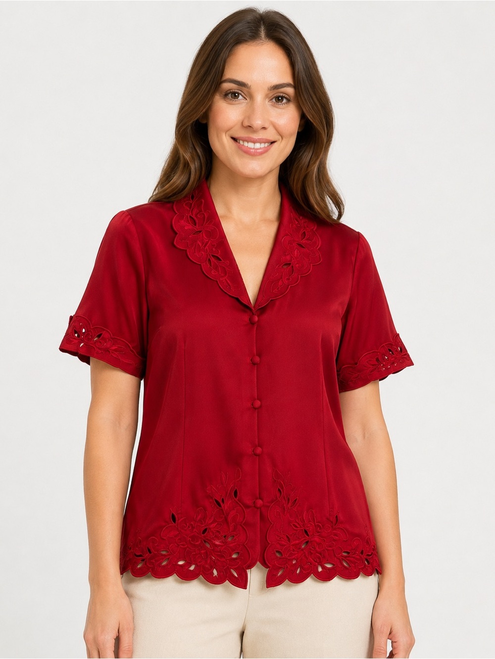 Women's Red Short-Sleeve Button Front Top